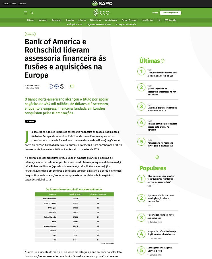 Bank of America e Rothschild lideram assessoria financeira s fuses e aquisies na Europa
